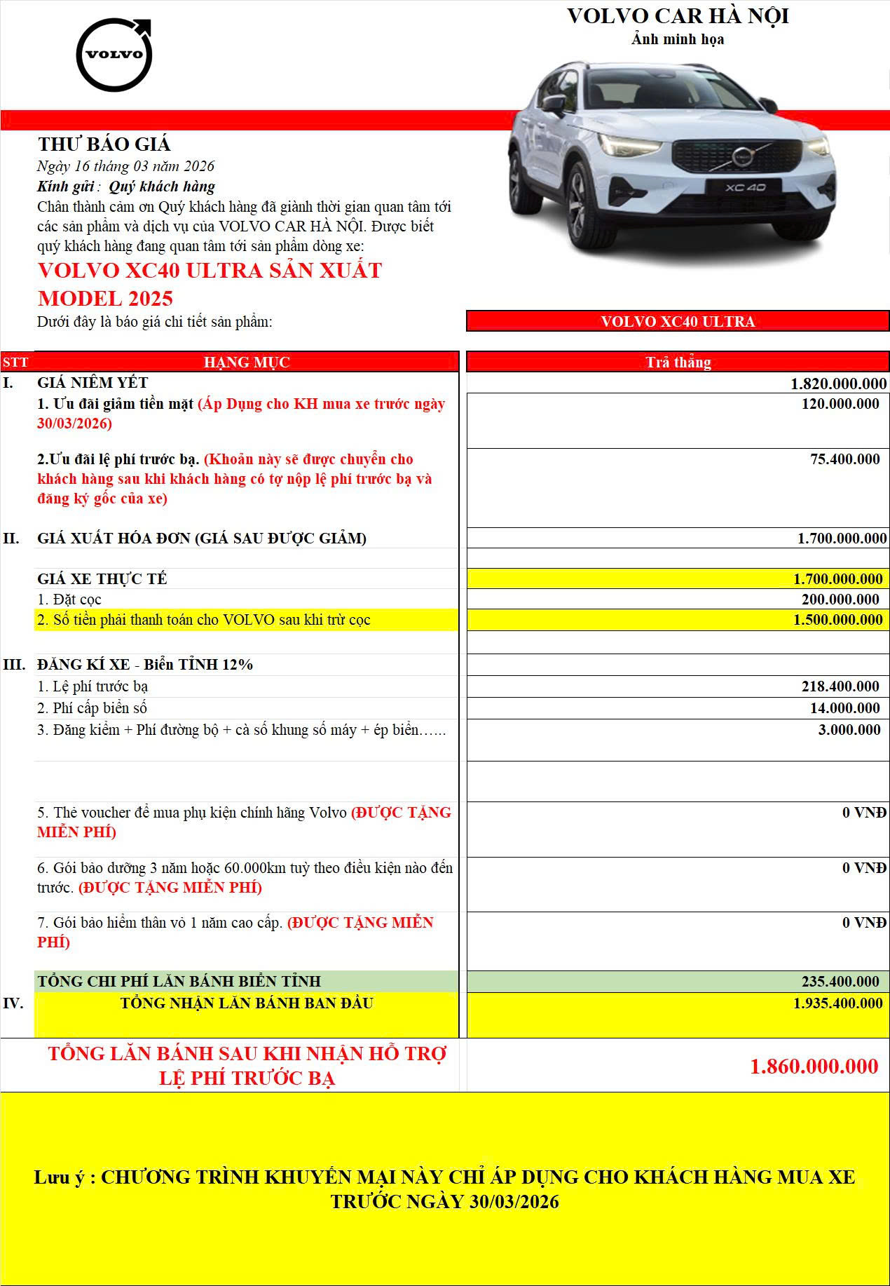 Giá xe XC40 Ultra lăn bánh biển số Hà Nội