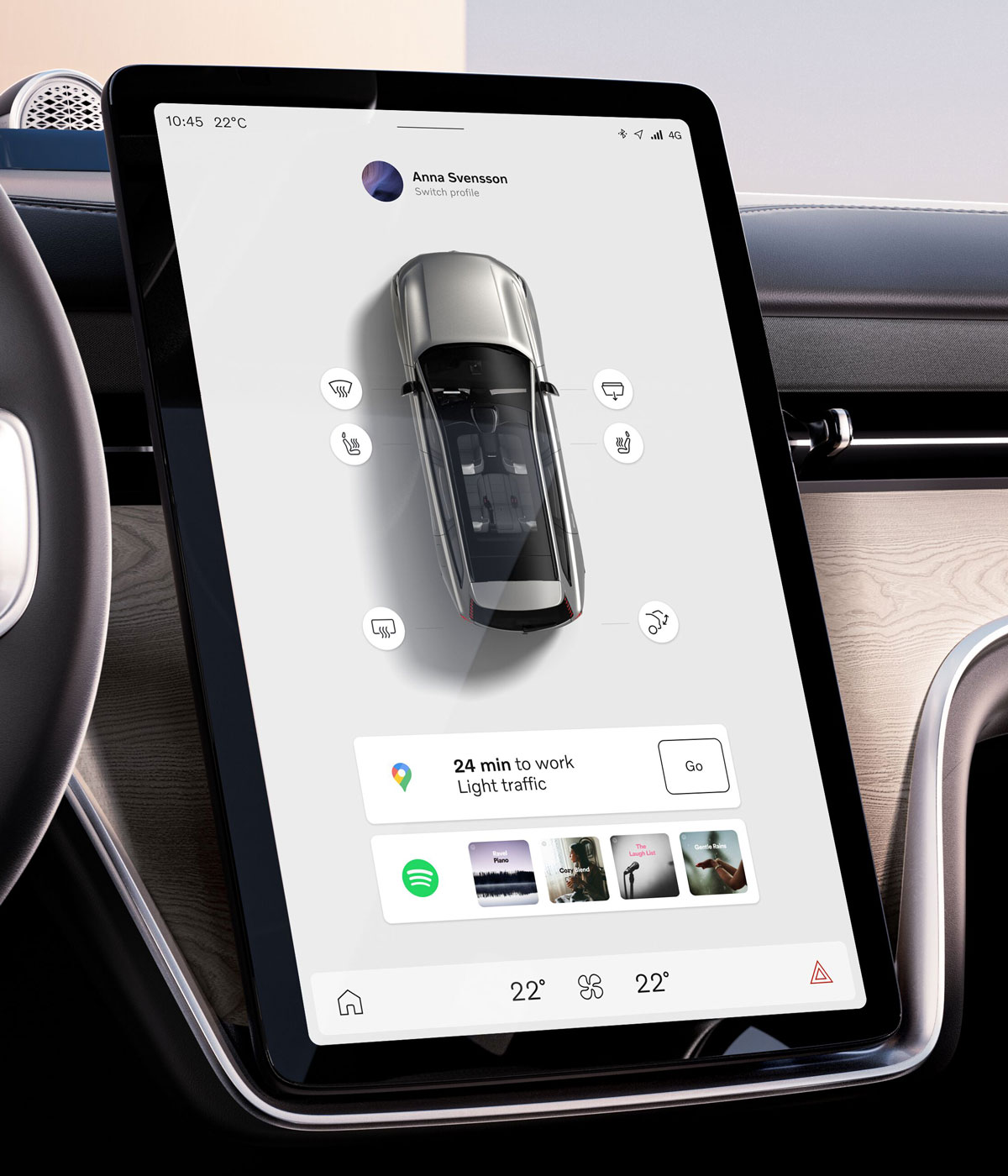 Hệ điều hành Volvo Car Ux trên EX90, với Chíp Snapdragon Cockpit và được trang bị nền tảng xử lý NVIDIA DRIVE Xavier và NVIDIA DRIVE Orin . Có kết nối Apple Carplay, Android Auto không