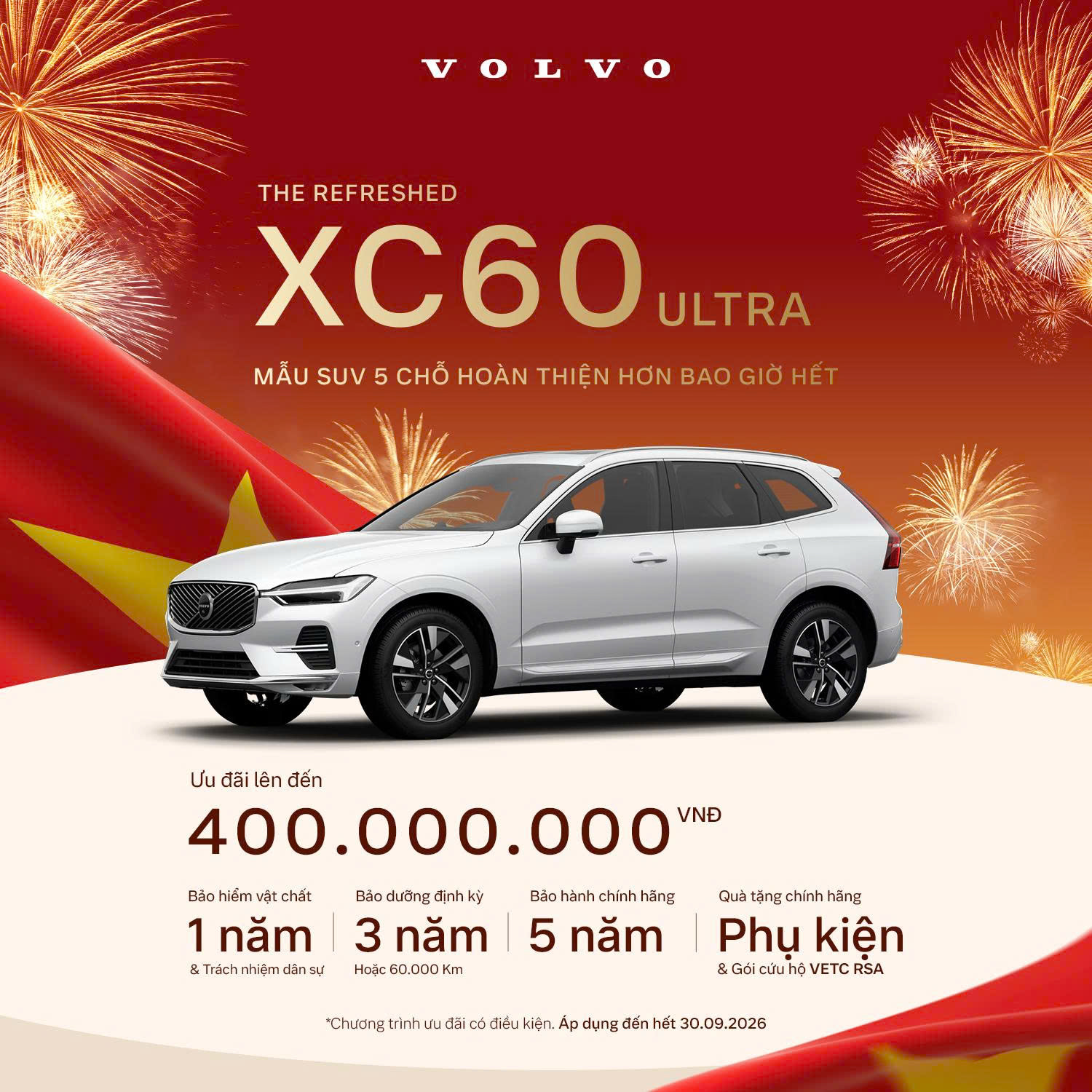 Trong tháng 9/2026, XC60 Ultra đang có chương trình ưu đãi thực tế tại đại lý với tổng giá trị hỗ trợ lên tới hơn 400 triệu đồng, tùy xe, phiên bản và chính sách áp dụng tại thời điểm khách hàng mua xe.